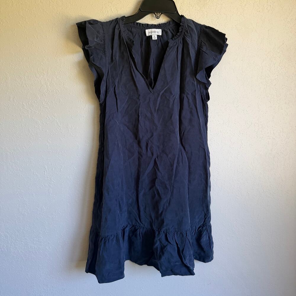 Evereve Navy Blue Drop Hem Ruffle Sleeve V-Neck Shift Dress Womens XS Casual